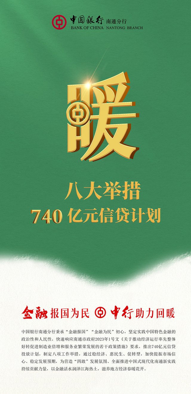  中国银行南通分行推出八大举措740亿元信贷计划支持南通经济运行率先整体好转 