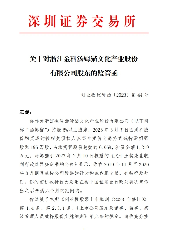 汤姆猫前董事长王健违规减持收深交所监管函